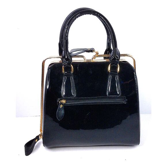 Unknown Handbags - Vintage Y2K Black Patent Faux Leather Frame Satchel Handbag